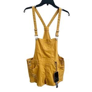 Iris Jeans NWT Overall Denim Distressed Shorts Mustard Yellow L Shortalls Boho